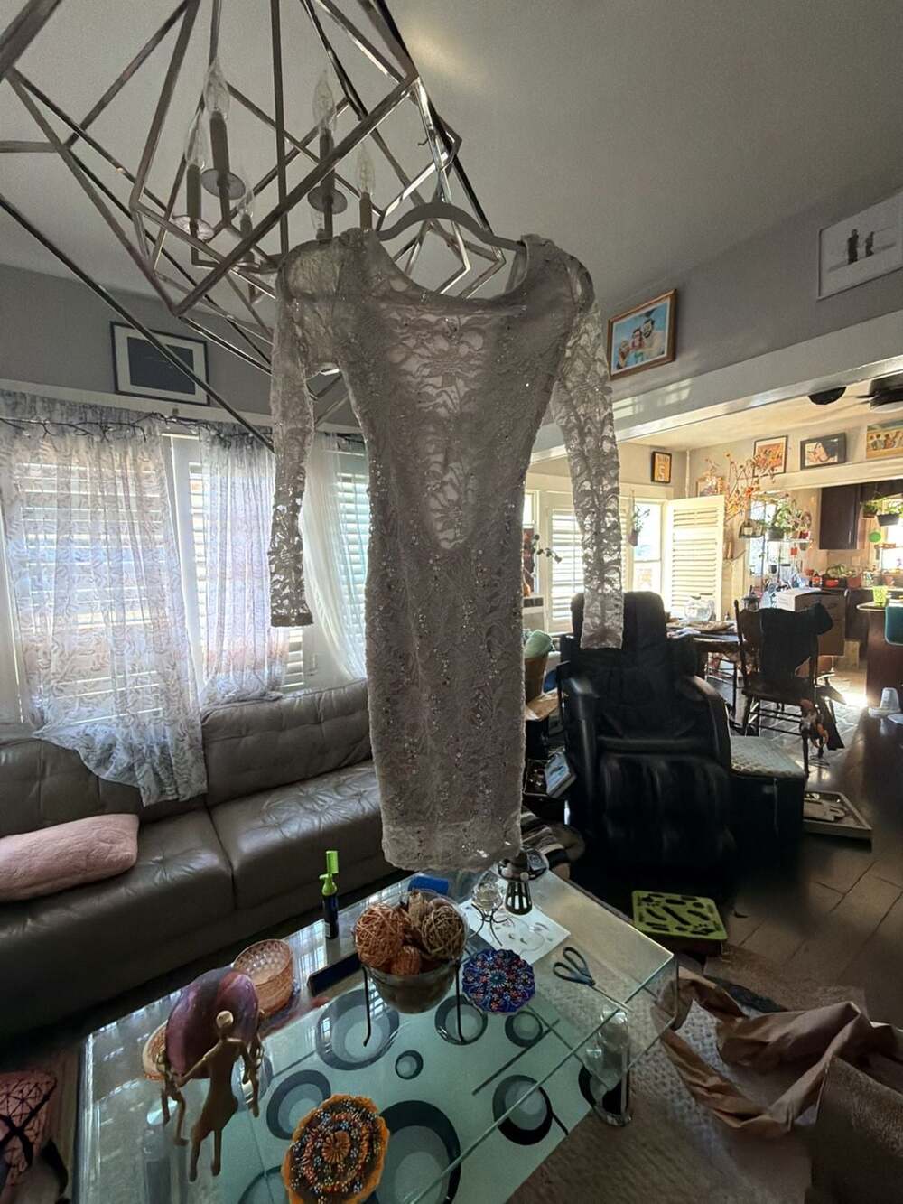 Jump Apparel by Wendyu Long Sleeve Sequin Lace Open Back Midi Dress Gray Size S